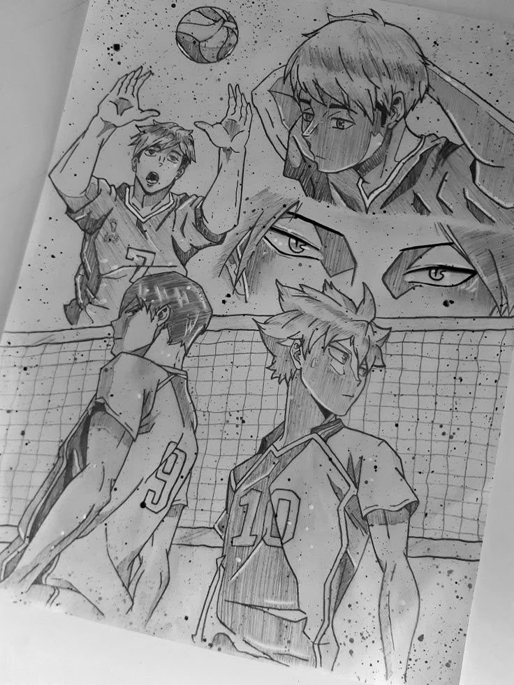 Black and white anime volleyball scene, intense expressions, players in action near the net.