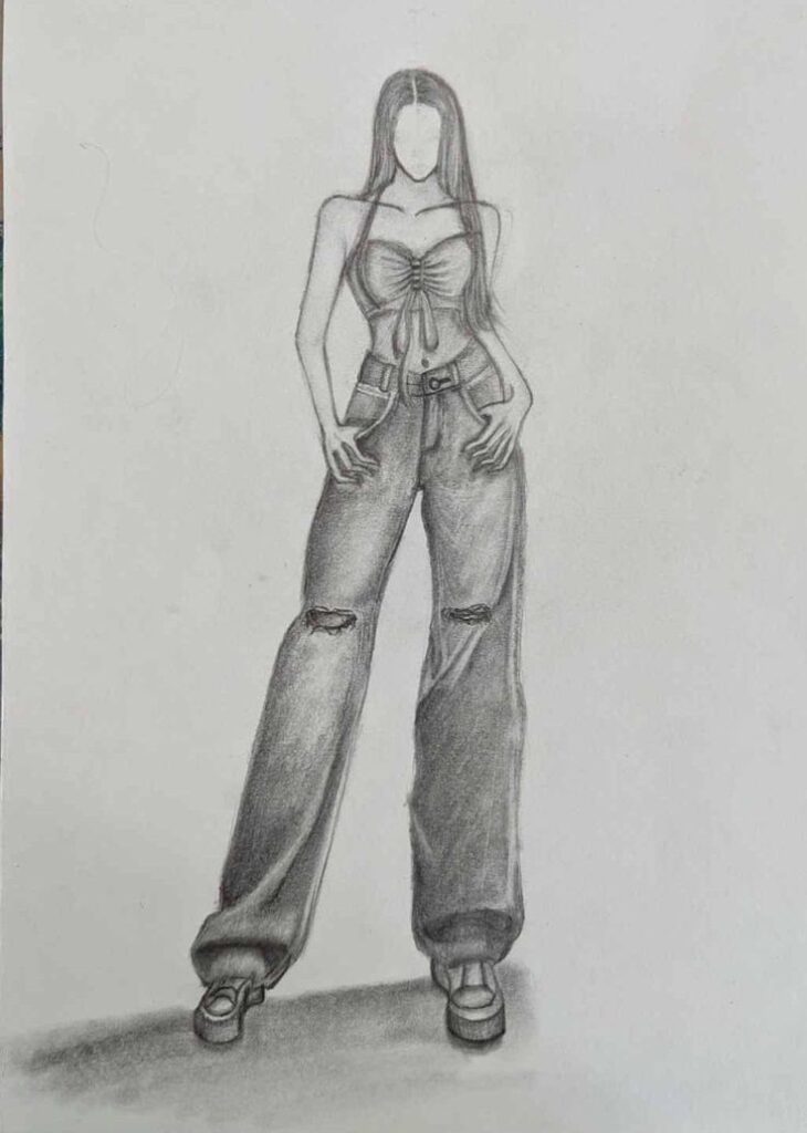 Fashion illustration of a faceless woman in a tied top and baggy jeans, embodying modern style and confidence.