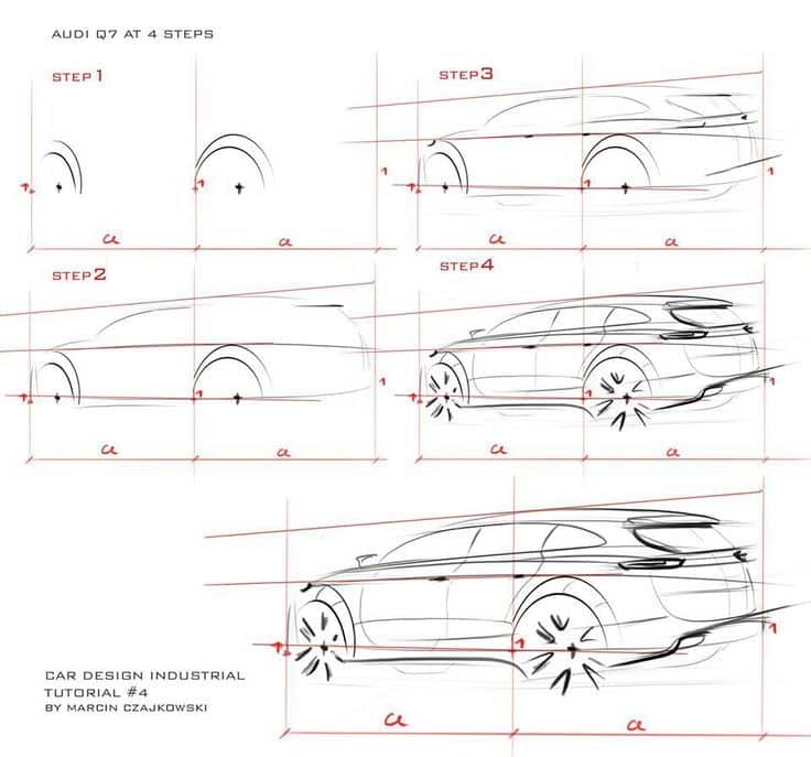 94e4d2f2d57dc6ad1ff0a55e2e299e97 Step-by-step sketch tutorial of an Audi Q7 car design, illustrating the vehicle's development process. | Sky Rye Design Step-by-step sketch tutorial of an Audi Q7 car design, illustrating the vehicle's development process.