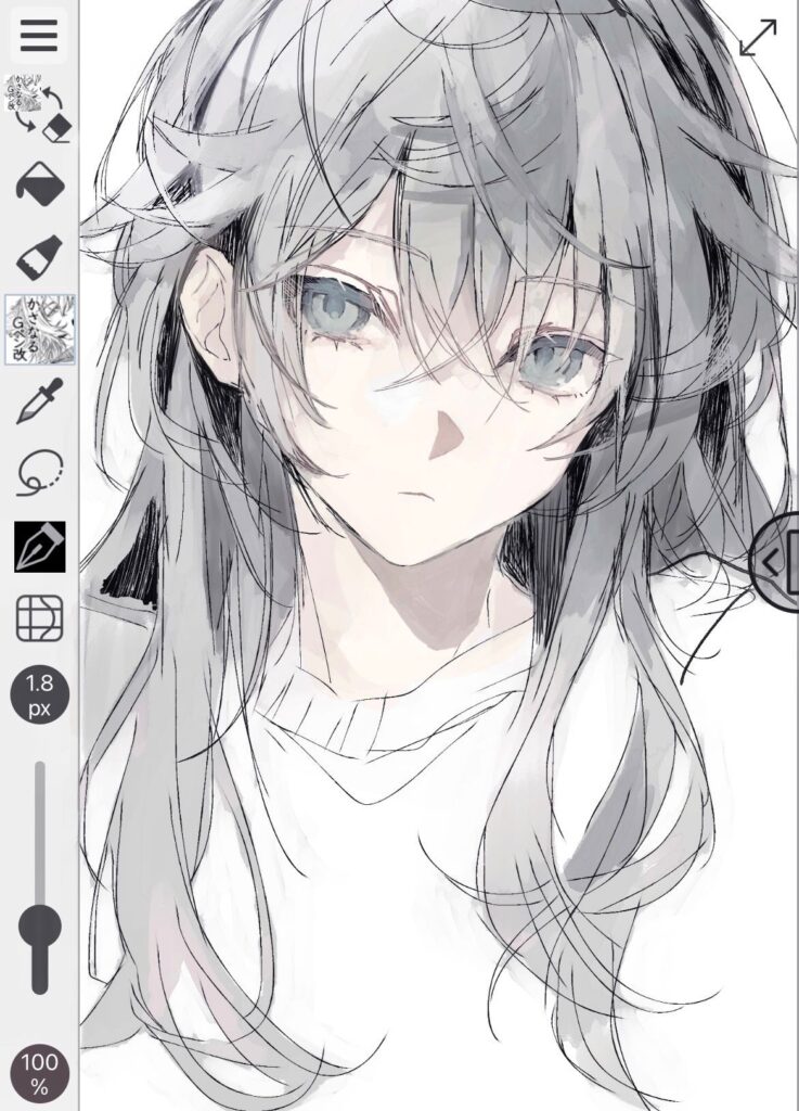 94fe814f45f81ba17c99ba271c541603 Digital drawing of a gray-haired anime character with blue eyes, wearing a white shirt, in an art app interface. | Sky Rye Design Digital drawing of a gray-haired anime character with blue eyes, wearing a white shirt, in an art app interface.