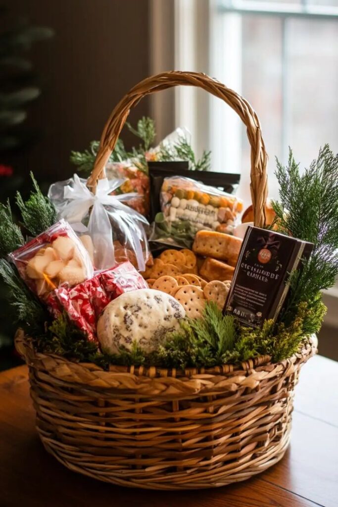 Festive wicker gift basket with assorted snacks, crackers, cheese, and green accents by a window.