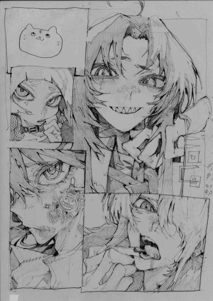 Detailed pencil sketch of anime characters with expressive faces and intricate designs, emphasizing emotions and style.