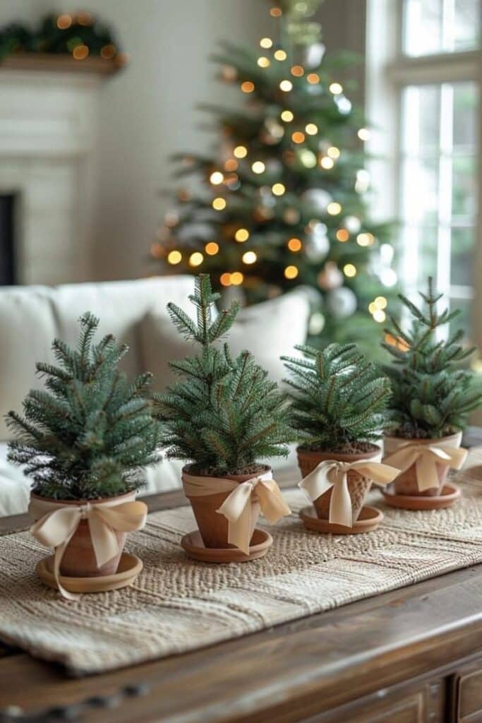 Mini Christmas trees in pots with bows on a table, with a lit Christmas tree in the background.
