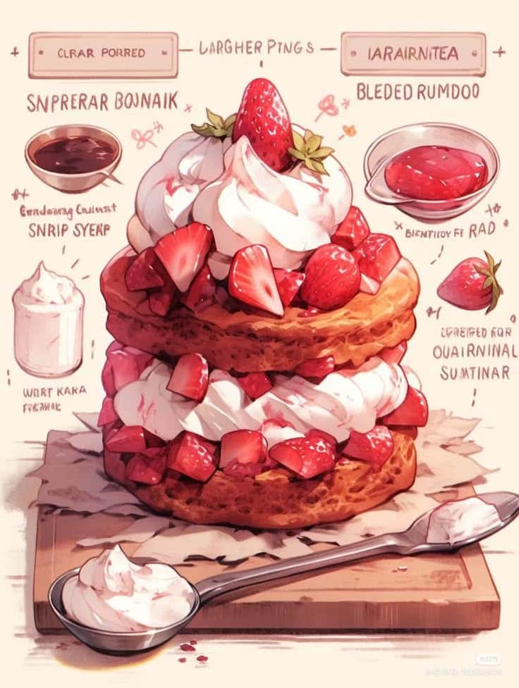 Delicious strawberry shortcake topped with whipped cream and fresh strawberries, illustrated with whimsical text.