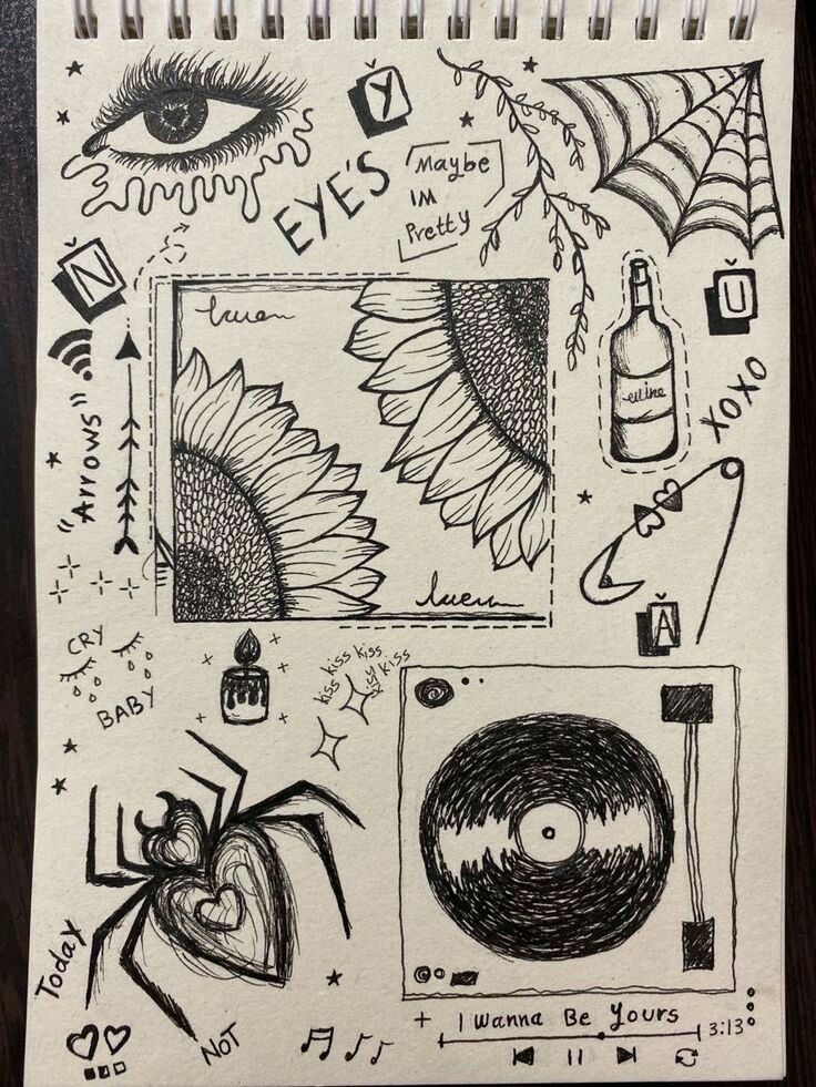 98d52bbb-3561-44d8-8636-c051039c1bb8 Black ink doodles on paper with eye, sunflower, spider, web, vinyl record, and text phrases like Maybe I'm Pretty. | Sky Rye Design Black ink doodles on paper with eye, sunflower, spider, web, vinyl record, and text phrases like Maybe I'm Pretty.