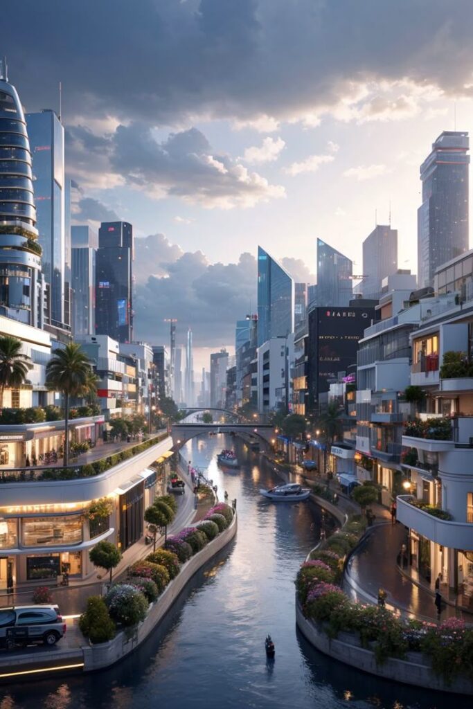 9960d0b9-395d-4e14-bdab-945f306daabb Futuristic cityscape with modern skyscrapers, canal, boats, and lush greenery under a cloudy sky at sunset. | Sky Rye Design Futuristic cityscape with modern skyscrapers, canal, boats, and lush greenery under a cloudy sky at sunset.