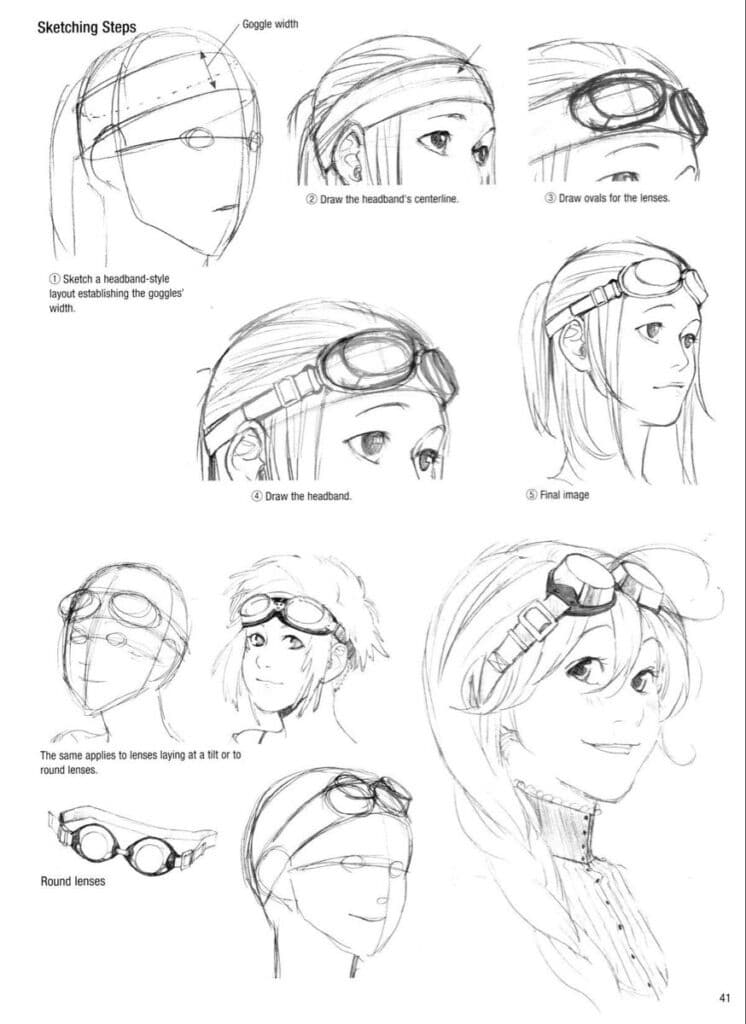 99c577aaa7b57156f3c301ab975daefe Illustration showing step-by-step guide to sketch head with goggles, including construction lines and final anime-style image. | Sky Rye Design Illustration showing step-by-step guide to sketch head with goggles, including construction lines and final anime-style image.