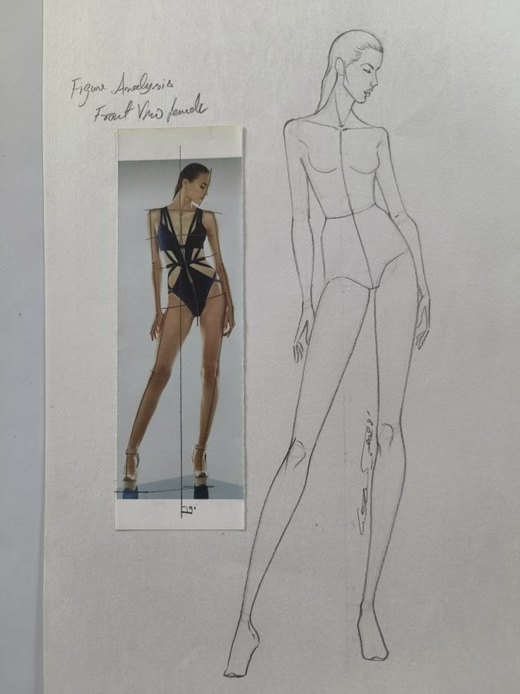 Fashion sketch and photo comparison showing figure analysis of a woman in a swimsuit, front view with guidelines.