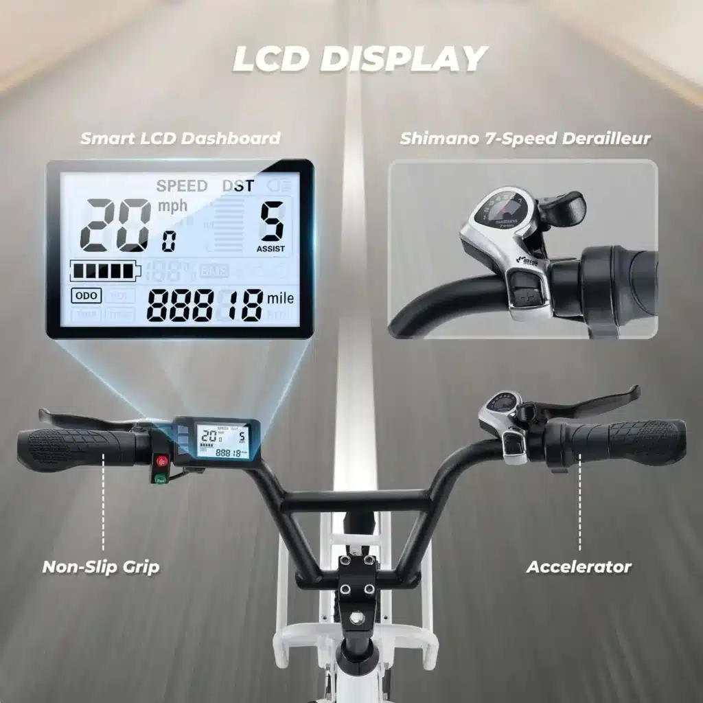 9_4f1a5b56-7b54-4177-94e3-4f5ab1a20365_5000x E-bike handlebars showcase smart LCD display, Shimano 7-speed derailleur, non-slip grip, and accelerator. | Sky Rye Design E-bike handlebars showcase smart LCD display, Shimano 7-speed derailleur, non-slip grip, and accelerator.
