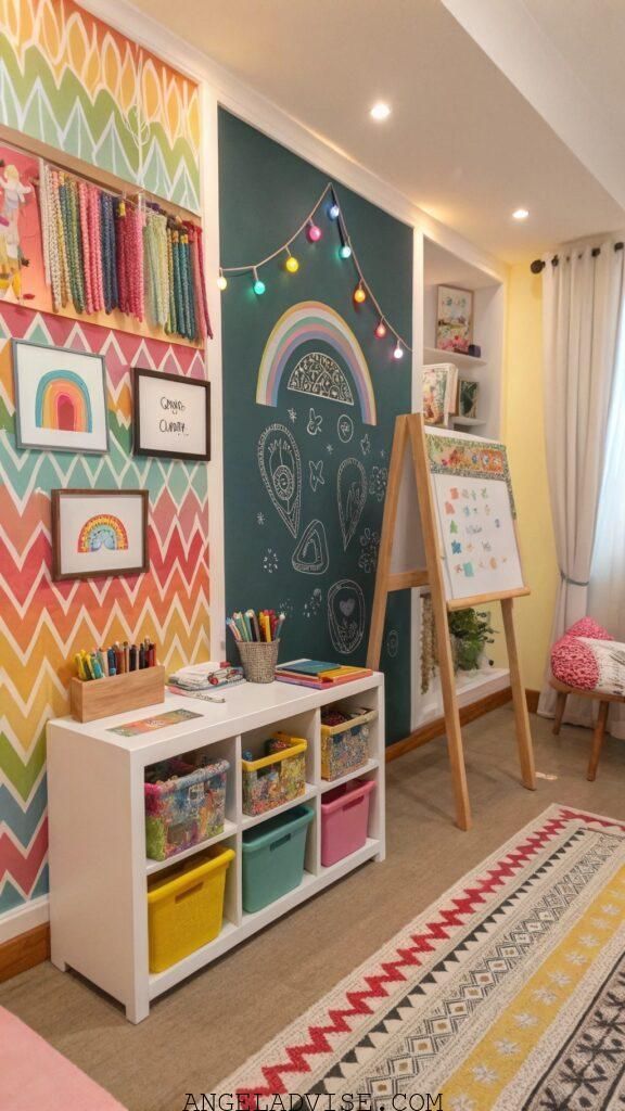 9a42340097e45ec3b060ac82d9604795 Colorful craft room with a chalkboard, rainbow decor, string lights, and art supplies on shelves. Cozy and creative space. | Sky Rye Design Colorful craft room with a chalkboard, rainbow decor, string lights, and art supplies on shelves. Cozy and creative space.