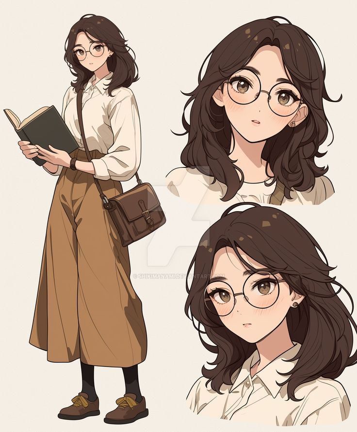 9ada9ee5-ed4e-4b8a-a1d0-82298bece589 Anime girl with glasses holding a book, wearing a white blouse and brown pants, and carrying a messenger bag. | Sky Rye Design Anime girl with glasses holding a book, wearing a white blouse and brown pants, and carrying a messenger bag.