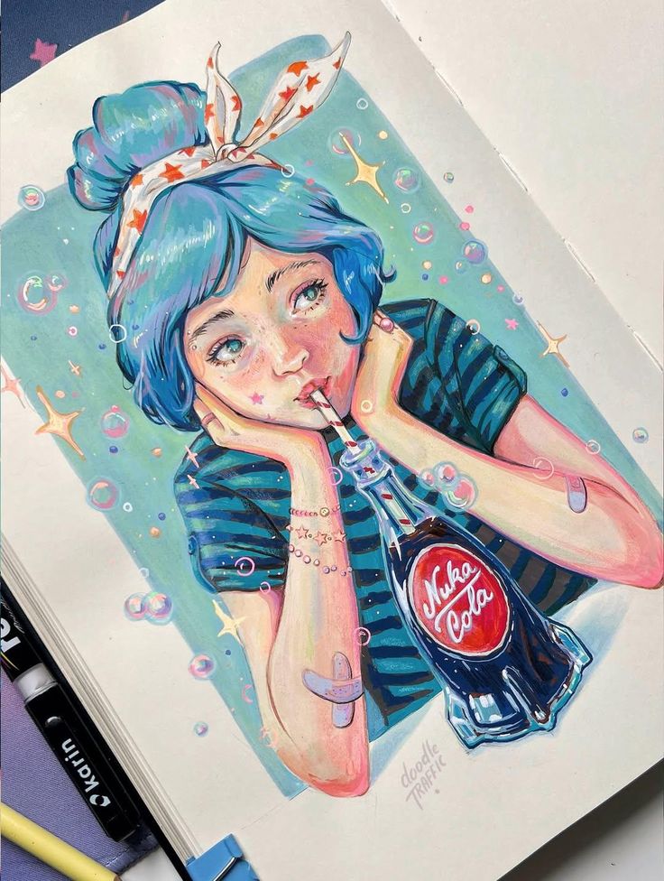 Illustrated girl with blue hair sipping from a Nuka Cola bottle, surrounded by colorful bubbles and stars.