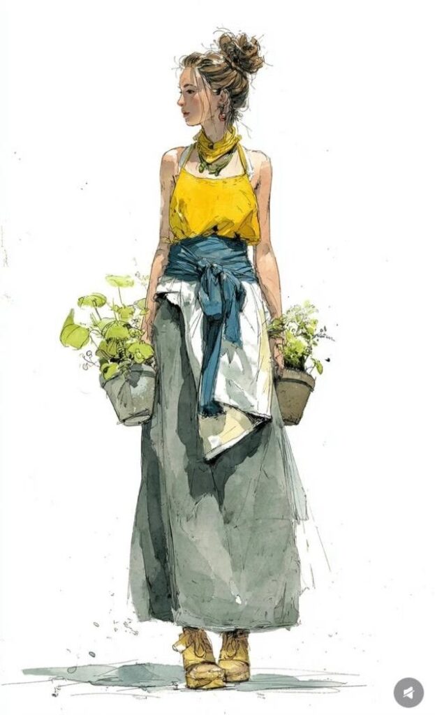 9b6fe1e6-12cc-439d-845c-b14390d42064 Illustration of a woman in a yellow top and long skirt, holding two potted plants, styled with a bun. | Sky Rye Design Illustration of a woman in a yellow top and long skirt, holding two potted plants, styled with a bun.