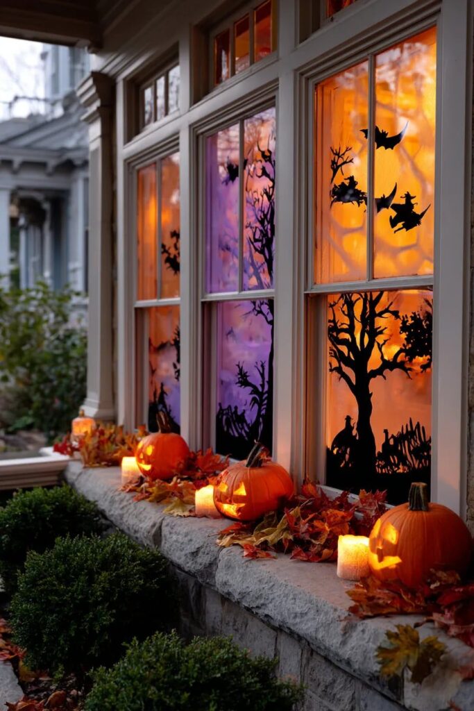 9c3e10bd9b448e8e6fcce5ffdf214877 Halloween-themed window display with pumpkins, candles, and spooky silhouettes. | Sky Rye Design Halloween-themed window display with pumpkins, candles, and spooky silhouettes.
