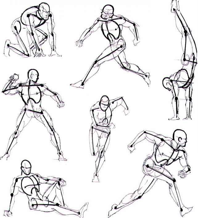 Dynamic human poses sketch; anatomy and movement study; various athletic stances in black lines.