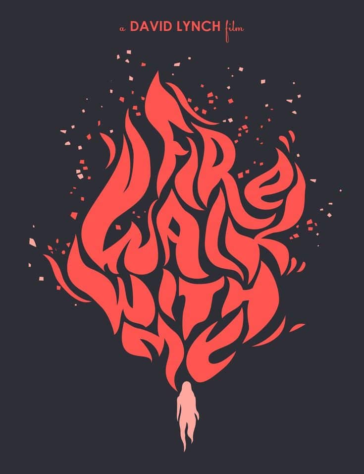 Stylized Fire Walk With Me design with pink flames and a silhouette on a dark background, promoting a David Lynch film.