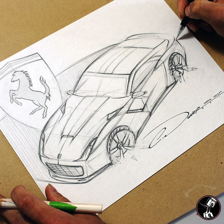 9eba210ceea4d30740a475d6a68cdf2c Hand drawing of a car design with a prancing horse emblem on paper, showcasing a conceptual vehicle sketch. | Sky Rye Design Hand drawing of a car design with a prancing horse emblem on paper, showcasing a conceptual vehicle sketch.