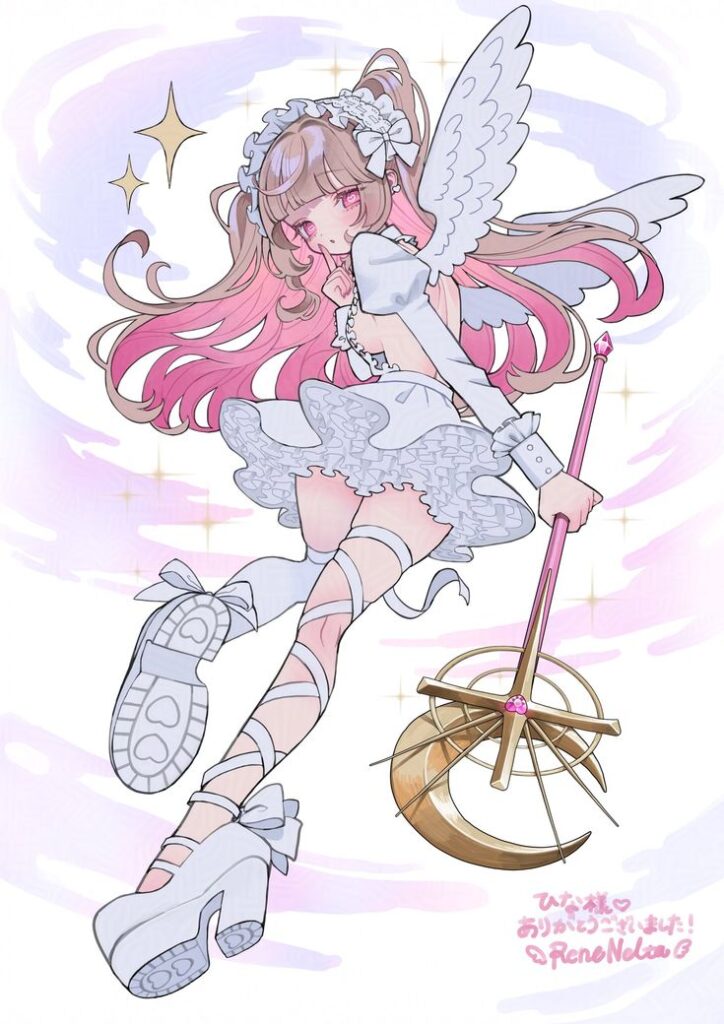 Anime angel character with pink hair, wings, and staff, wearing a frilly white outfit and platform shoes.