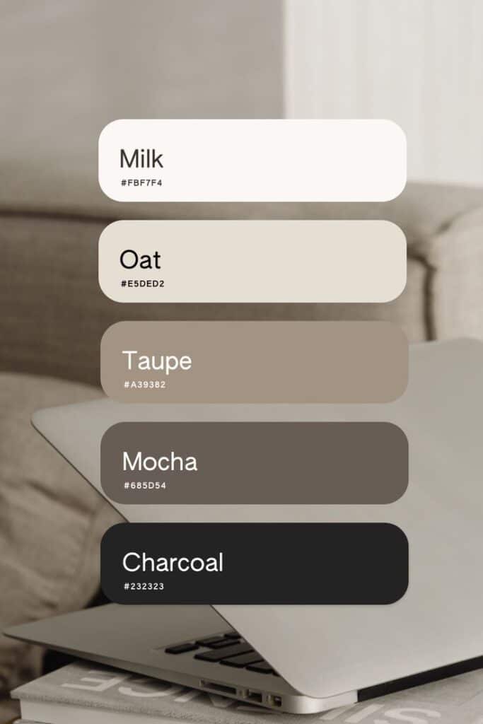 A Clean Neutral Color Palette Neutral color palette with shades: Milk, Oat, Taupe, Mocha, Charcoal, on a sleek laptop background. | Sky Rye Design Neutral color palette with shades: Milk, Oat, Taupe, Mocha, Charcoal, on a sleek laptop background.