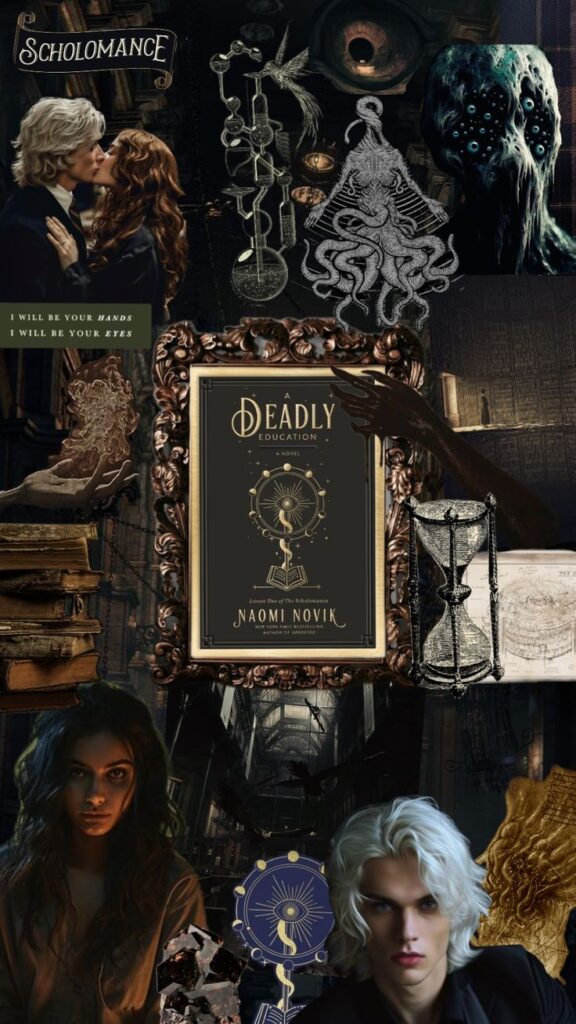 A Deadly Education by Naomi Novik Dark Academia Collage featuring A Deadly Education book cover, mysterious illustrations, and fantasy elements from the Scholomance series. | Sky Rye Design Collage featuring A Deadly Education book cover, mysterious illustrations, and fantasy elements from the Scholomance series.