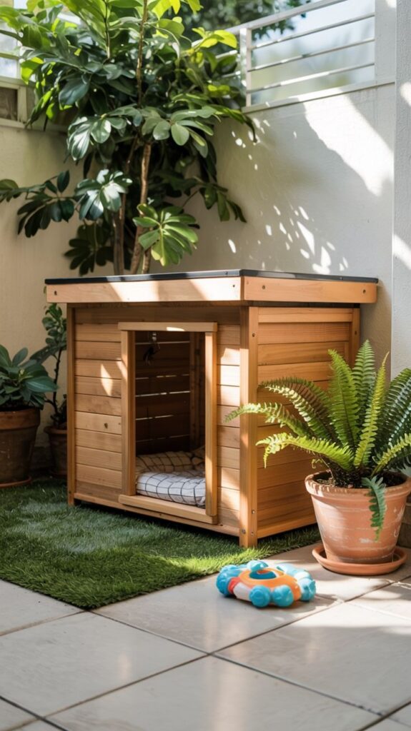 A Mid-Century Inspired Dog Bungalow With Serious Style Wooden dog house with plants and toys in a sunny patio corner for a cozy pet retreat. | Sky Rye Design Wooden dog house with plants and toys in a sunny patio corner for a cozy pet retreat.