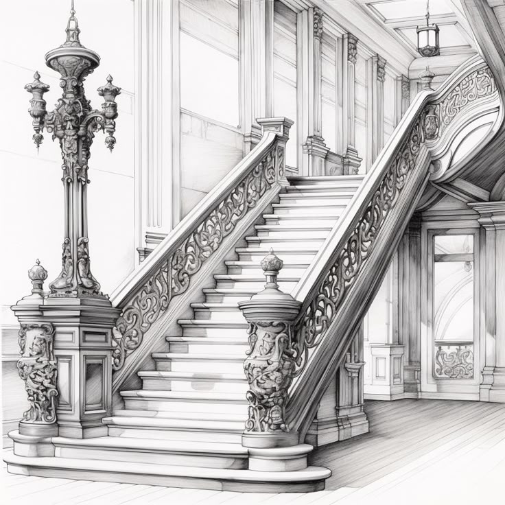 Ornate grand staircase with intricate carvings and tall, decorative lamp in elegant historical building interior.