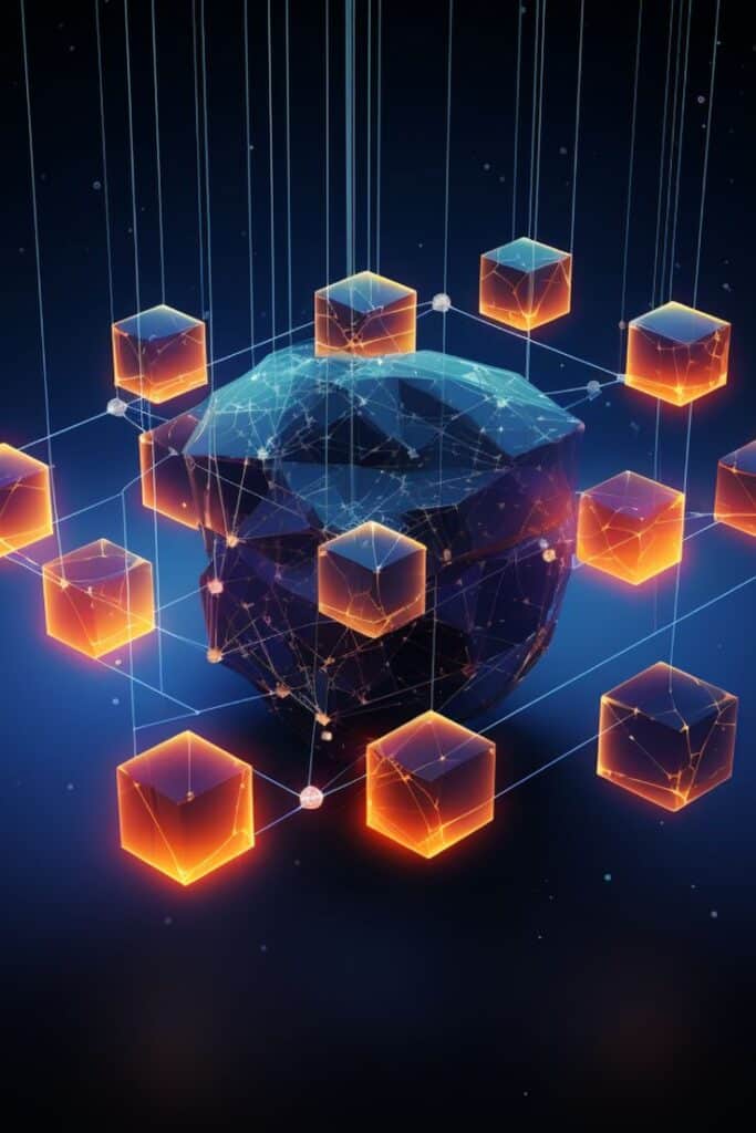 Glowing interconnected cubes surrounding a central digital globe, symbolizing blockchain technology in a dark digital space.