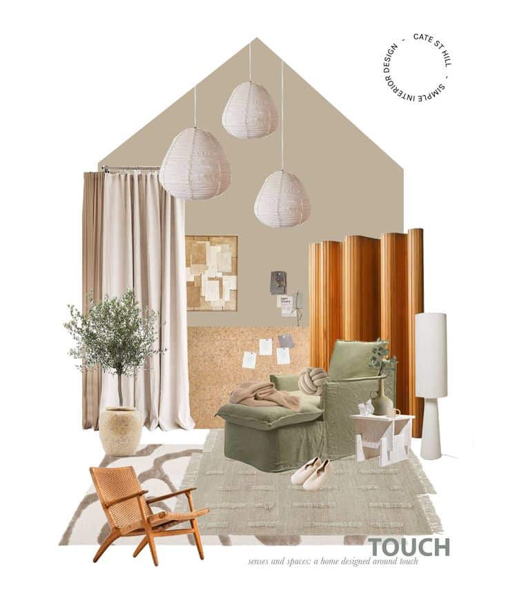 A home designed around the senses_ touch Minimalist cozy living room design with green chair, wood accents, and soft lighting. | Sky Rye Design Minimalist cozy living room design with green chair, wood accents, and soft lighting.