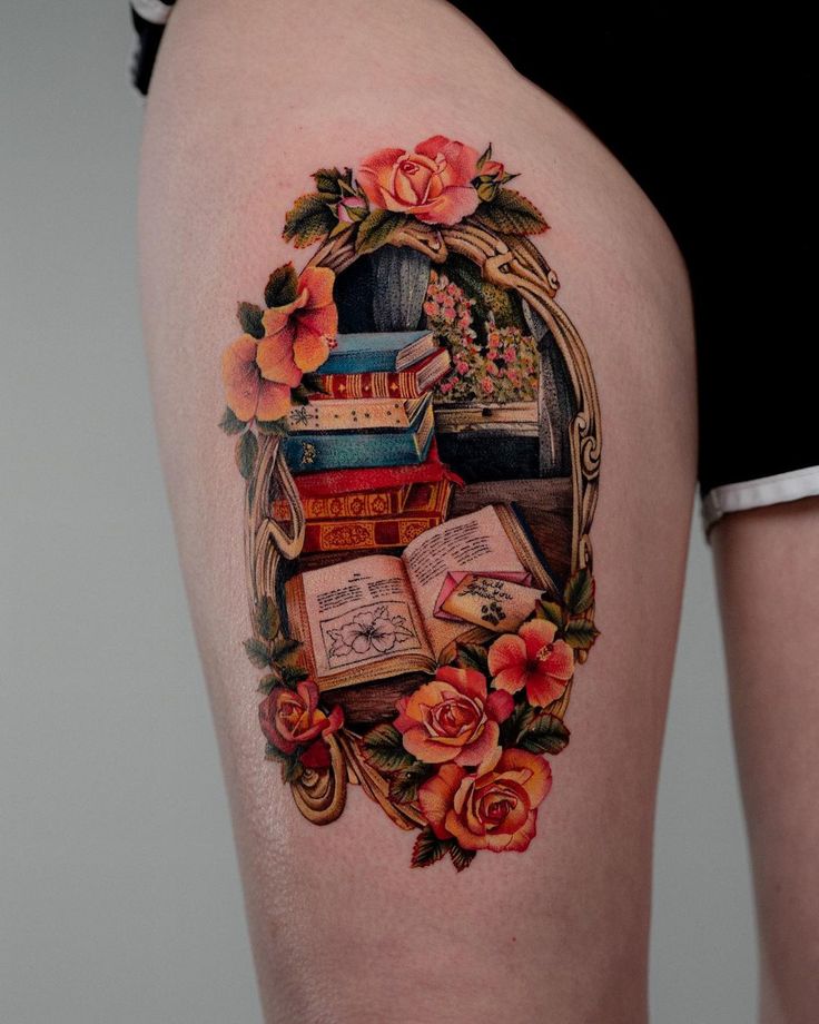 A library adorned with special florals and lil paw print for Emily 🌸 this was her first tattoo and she sat like a baddie and a half for _ Instagram Tattoo of vintage books and roses on thigh, blending literature and nature in vibrant colors. | Sky Rye Design Tattoo of vintage books and roses on thigh, blending literature and nature in vibrant colors.