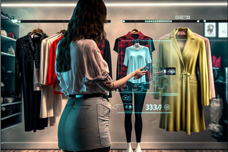 Woman uses augmented reality on smartphone to view clothing details in a modern store setting.