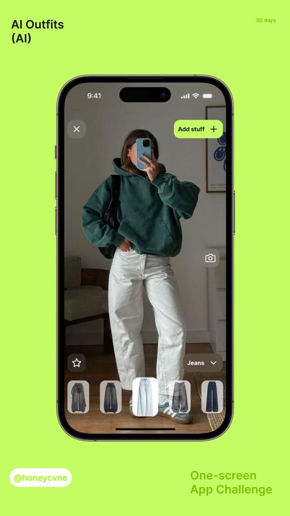 AI-powered app displays casual outfit with a green hoodie and white jeans on smartphone screen.