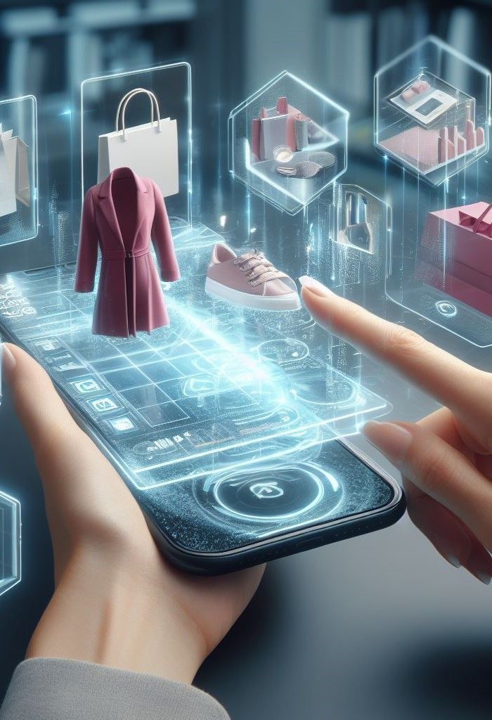 Futuristic online shopping on smartphone with holographic fashion and cosmetics items being selected by a hand.