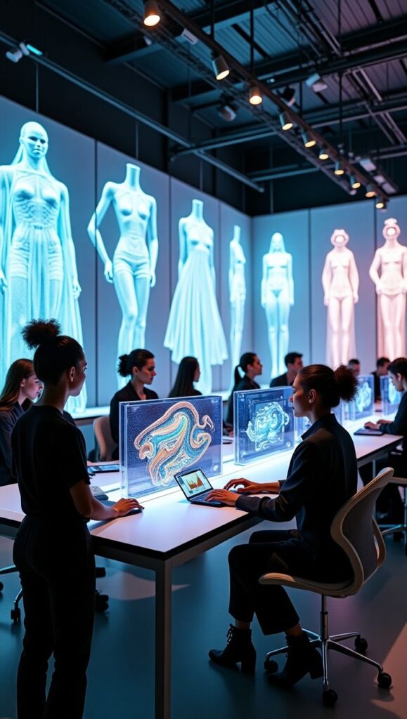 Futuristic design lab with mannequins and digital displays, people working on computers, innovative fashion technology.