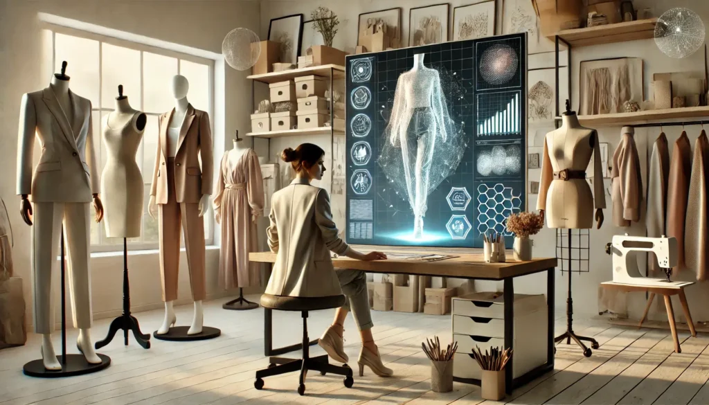 Fashion designer using digital technology in a modern studio with mannequins and fabrics on display.