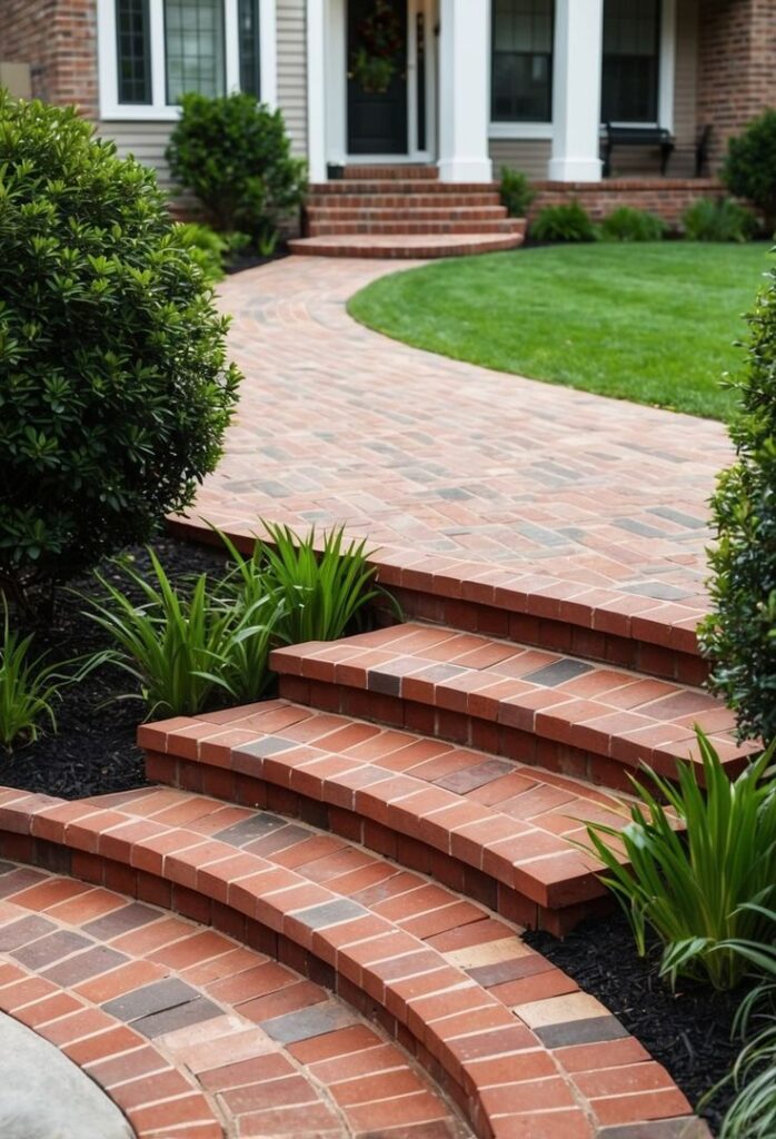 Add Charm with a Curved Brick Path Curved red brick walkway and steps leading to a house entrance, bordered by lush greenery. | Sky Rye Design Curved red brick walkway and steps leading to a house entrance, bordered by lush greenery.
