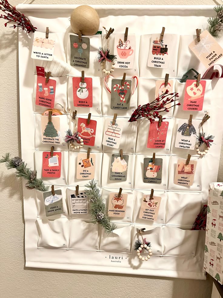 DIY Christmas advent calendar with fun holiday activities in decorated pockets.