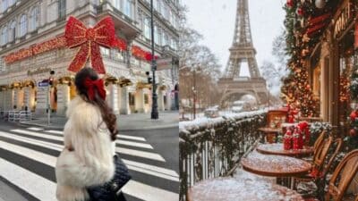 Festive holiday scenes in a snowy city with Christmas decorations and the Eiffel Tower in winter.