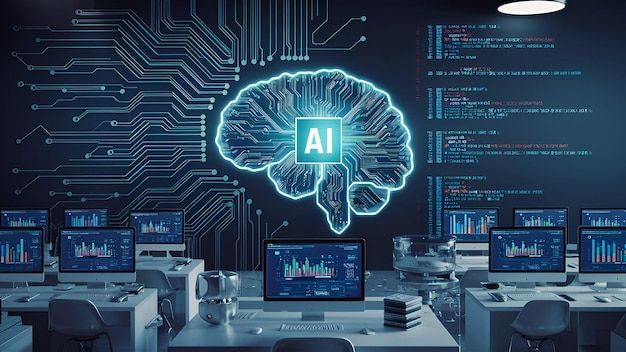 AI-powered office with computers, circuit-patterned brain, and code. High-tech workspace featuring advanced analytics.