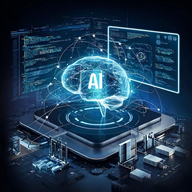 AI-powered digital brain with data interfaces and circuits, symbolizing advanced technology and innovation.