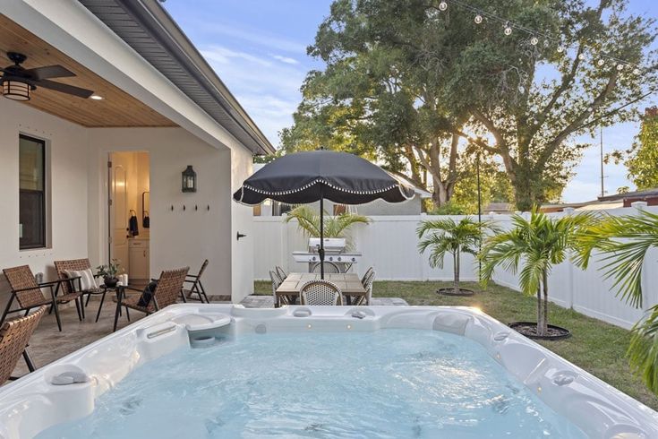 AirBnb QA_ Profits Funding and Investing 101 - Jenna Sue Design Backyard oasis with hot tub, patio chairs, and umbrella. Cozy outdoor space surrounded by palm trees and fence. | Sky Rye Design Backyard oasis with hot tub, patio chairs, and umbrella. Cozy outdoor space surrounded by palm trees and fence.