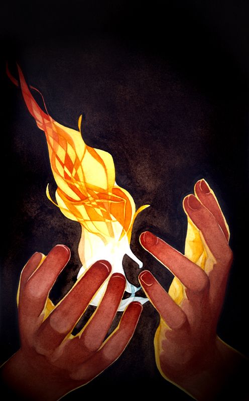 Hands holding a glowing flame in darkness, symbolizing warmth and energy.