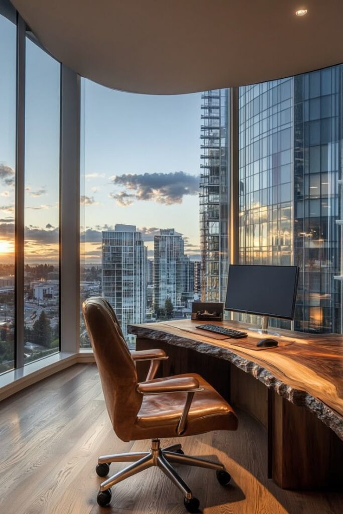 Modern office with wooden desk, computer, and cityscape view through large windows at sunset.