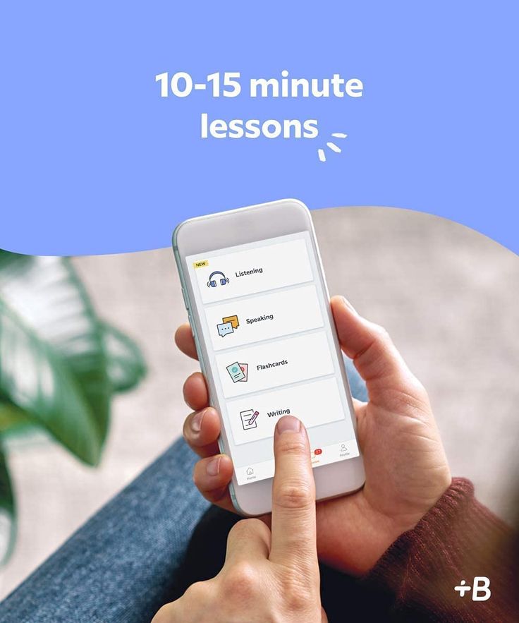 Person using a language app on smartphone with 10-15 minute lessons for listening, speaking, flashcards, and writing.