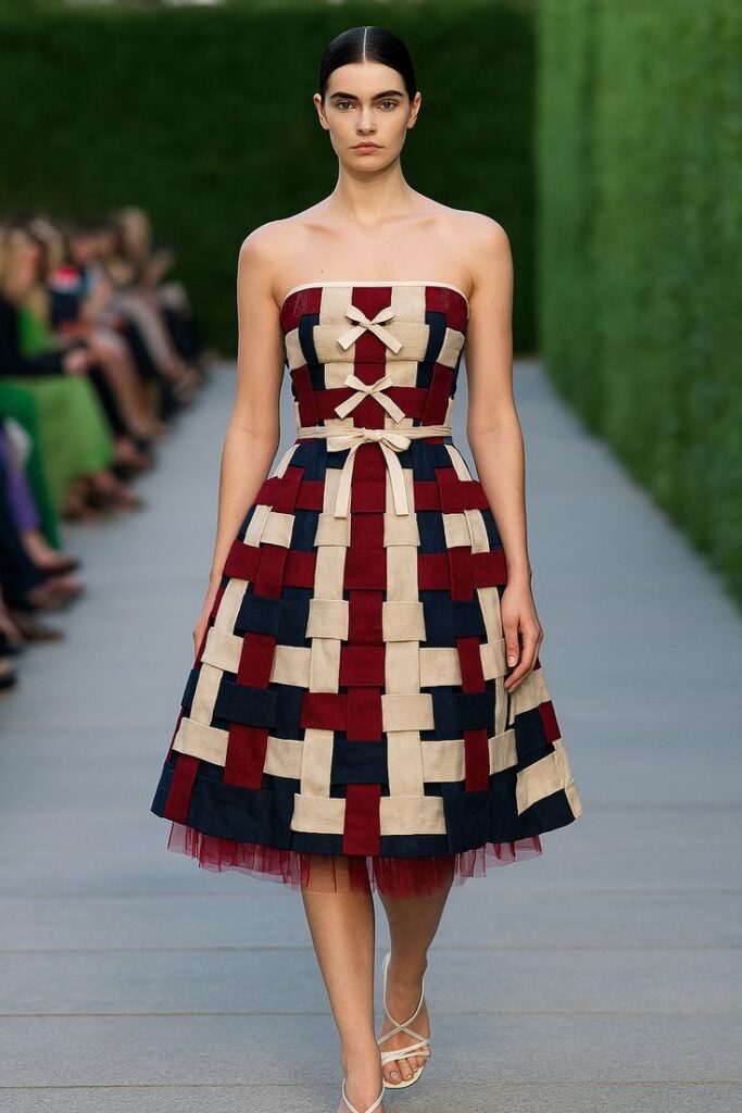 Model in colorful strapless geometric dress walking runway at outdoor fashion show.