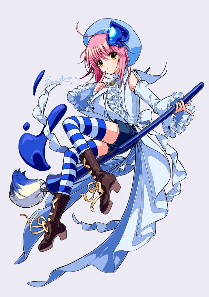 Anime character in blue outfit and striped socks sitting on a blue broomstick with a playful expression.