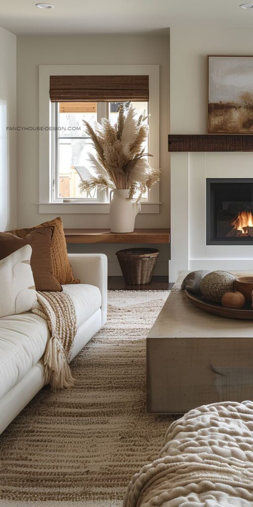 Cozy living room with white sofa, fireplace, pampas grass decor, and neutral tones for a relaxing atmosphere.