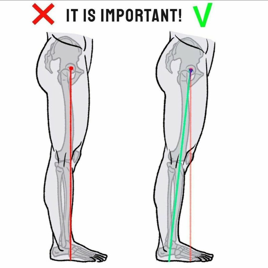 Diagram comparing incorrect and correct leg posture alignment with marked lines.