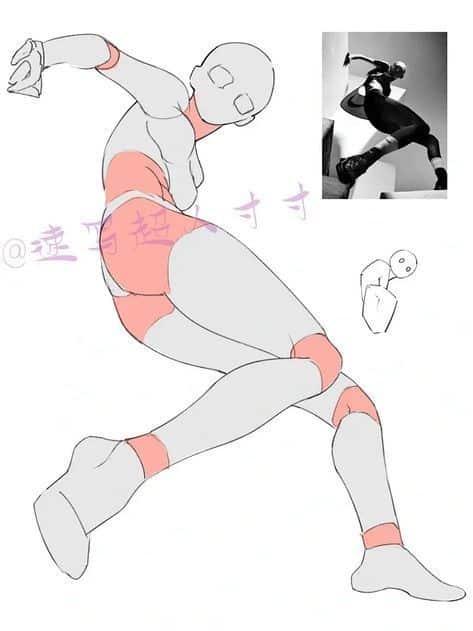 Dynamic pose reference sketch for artists, featuring exaggerated movement and a photo inset for inspiration.