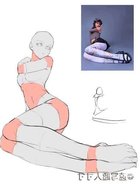 Illustration of a seated figure drawing with pose reference and guidelines for artists.