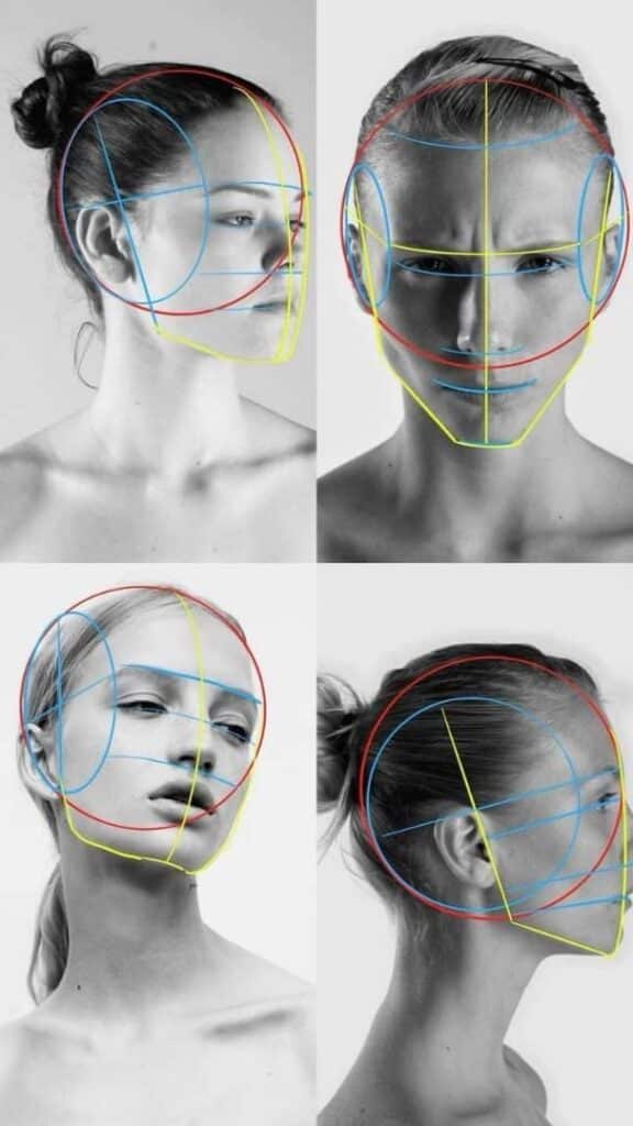 Portraits of women with colorful geometric face guides for drawing, illustrating proportions and angles.